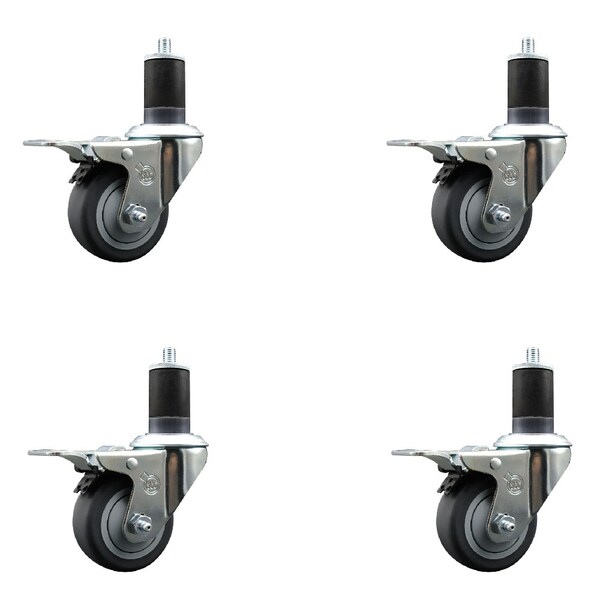 3'' SS Thermoplastic Rubber Swivel 1-5/8'' Expanding Stem Caster Set Total Lock Brake, 4PK